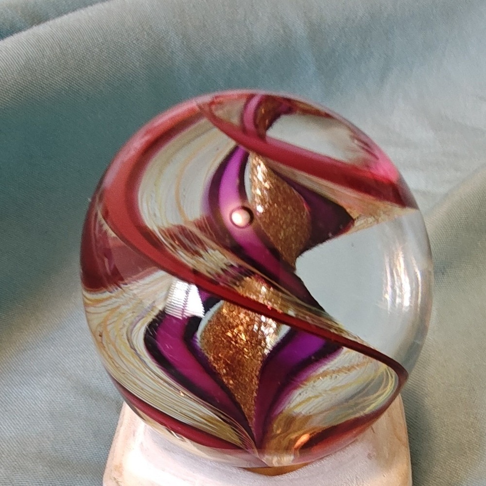 Art Glass Sphere 2in‎ Red Purple Gold Excellent Spiral Swirl